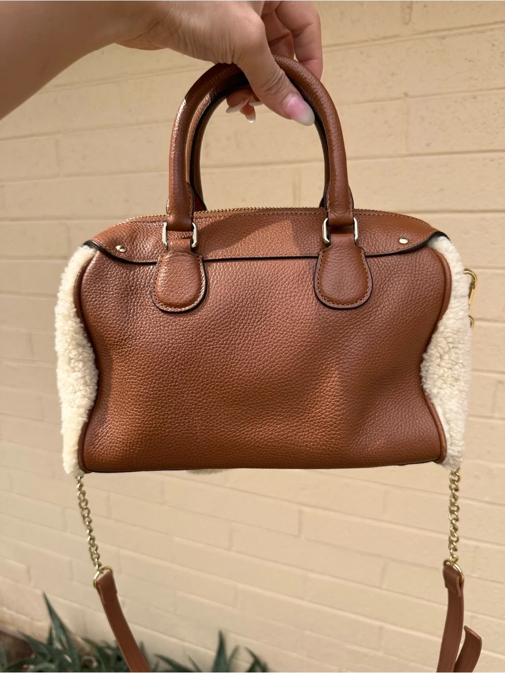 Coach Chestnut Brown Pebbled Leather Satchel with Shearling Trim